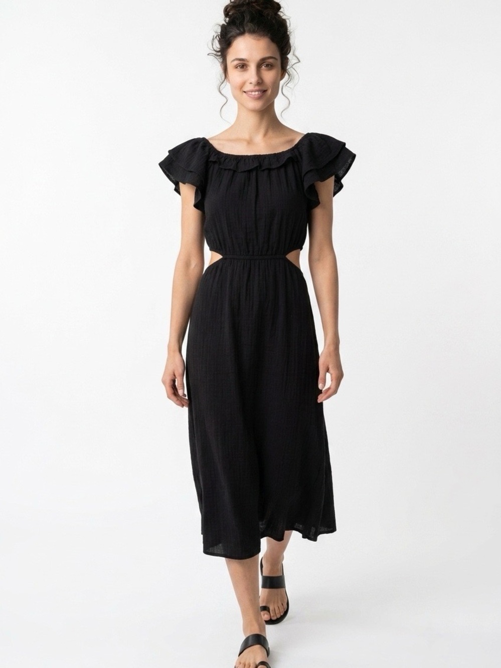 beachlunchlounge Black Ruffle-Neck Cut-Out Midi Dress